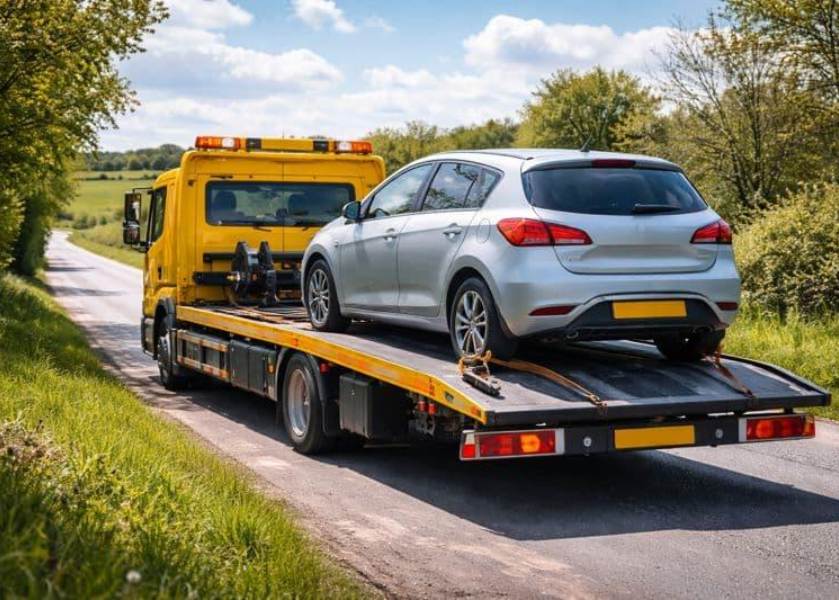 Car on a flatbed trailer